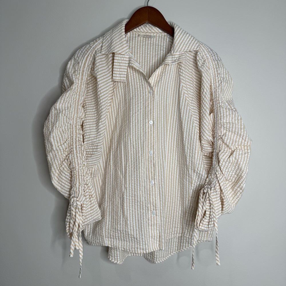 Petersyn White Tan‎ Seersucker Striped Button-up Ruched Tie Shirt Oversized XS